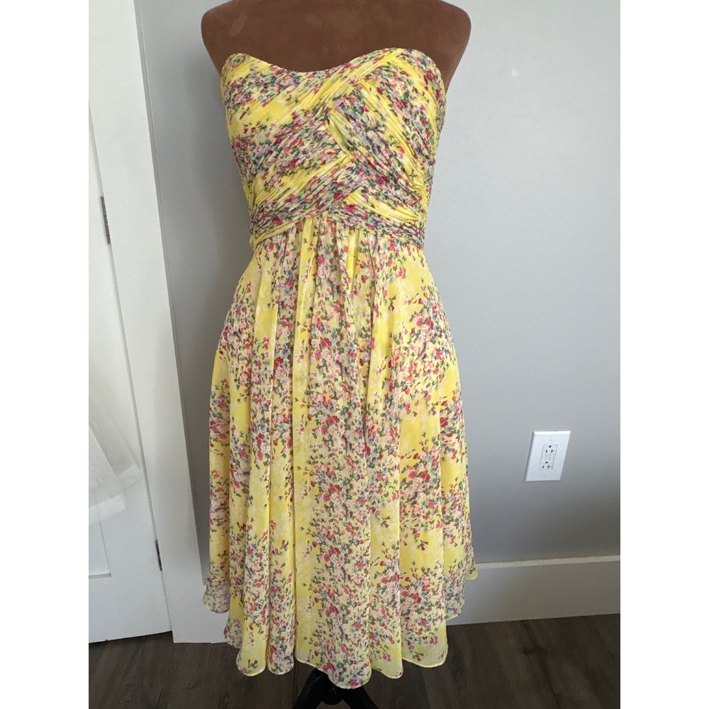 Allure Bridals Yellow Floral Ruched Strapless Chiffon Midi Dress Size 6XL